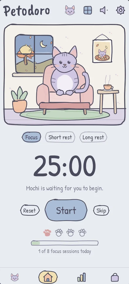 Petodoro's home screen: a lilac cat sits on a pink armchair in an autumn-evening room above a 25:00 focus timer.