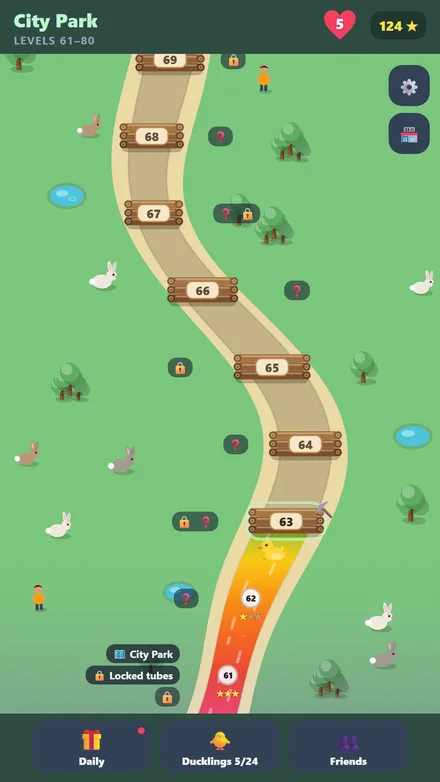 Sploosh's story map: a rainbow river winds through City Park past wooden level signs, rabbits and trees, with Quackers the duck at level 63.